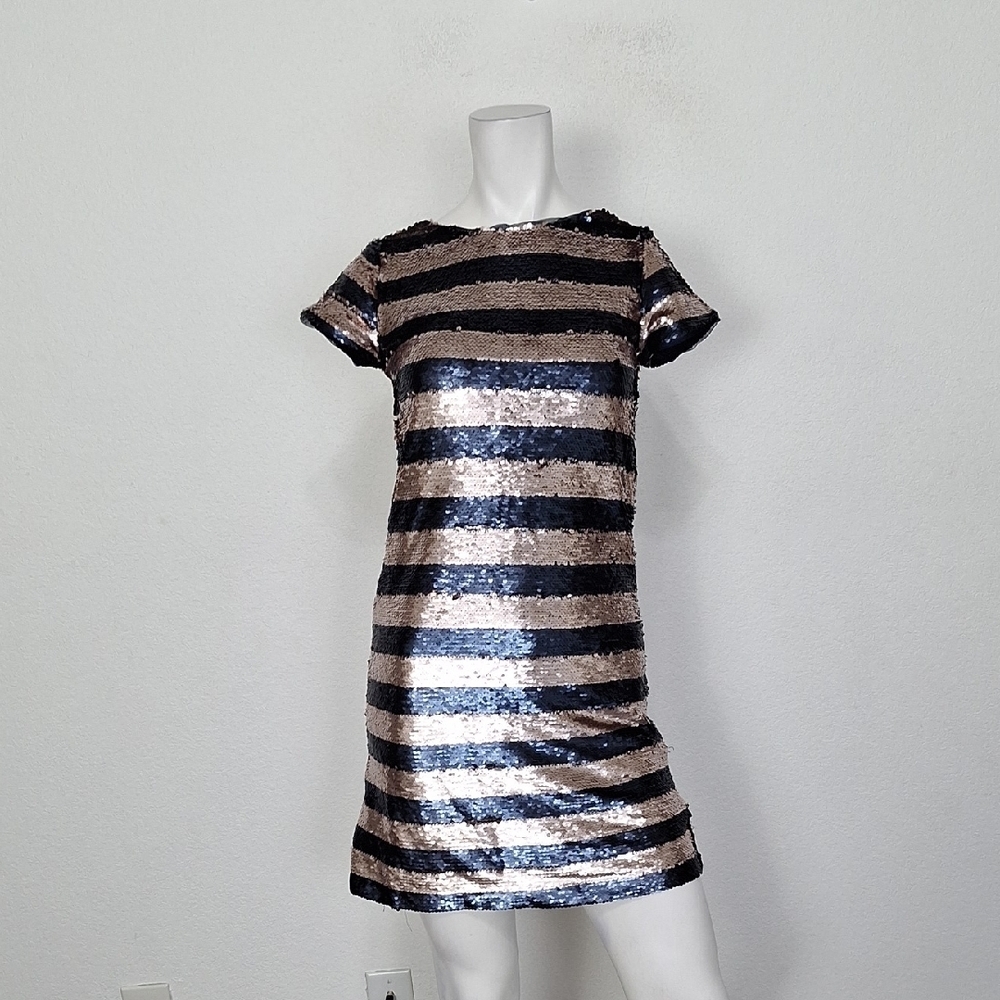GAP Kids Sequin Navy & Rose Gold Striped Party Dress Size XL